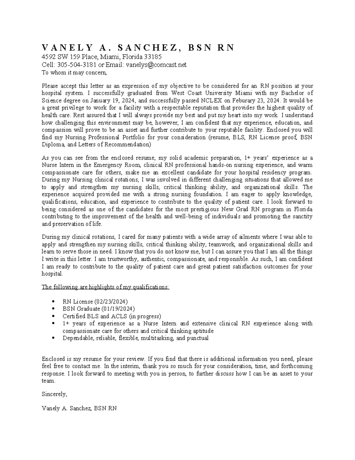 Cover Letter for RN Position - Vanely A. Sanchez, BSN, RN - Studocu