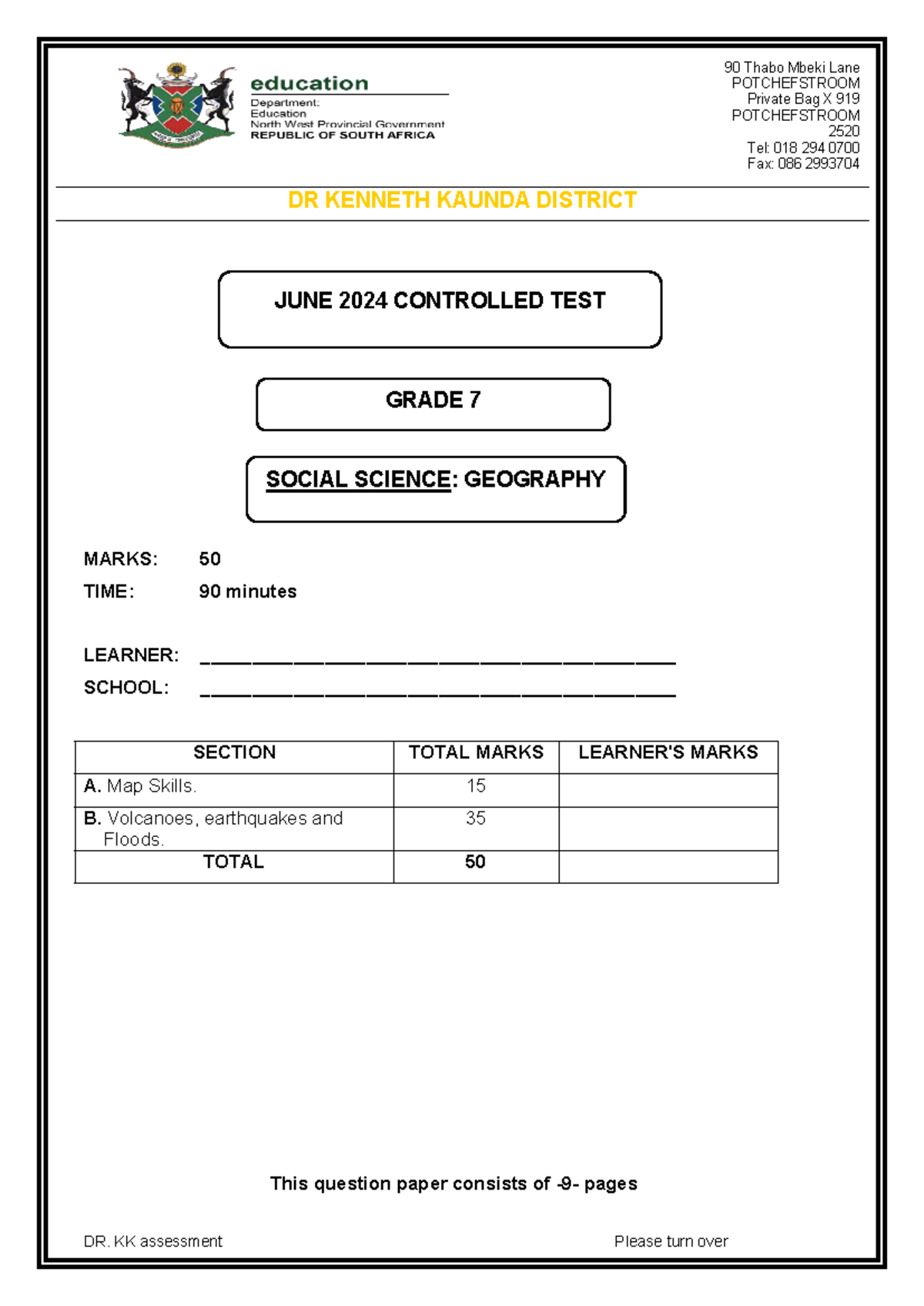 Grade 7 Social Science Geography Controlled Test - June 2024 - Studocu
