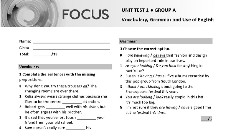 Focus 3 2E Unit Test 1 Group A: Vocabulary & Grammar Review - Studocu