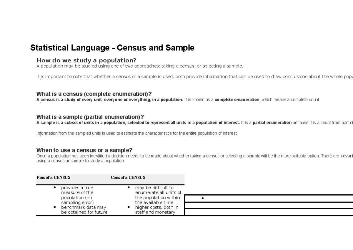Census vs. Sample: Key Concepts for Statistics (Stat 101) - Studocu