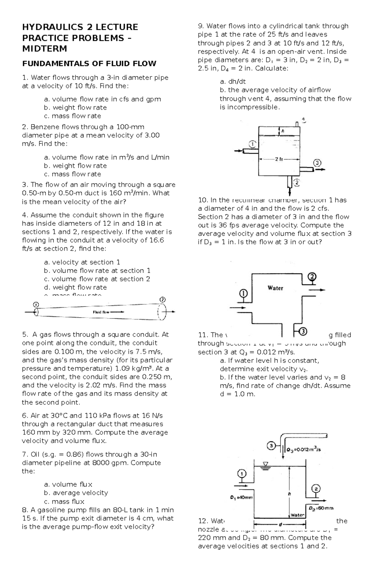 HYDRAULICS 2 MIDTERM PRACTICE PROBLEMS ON FLUID FLOW - Studocu
