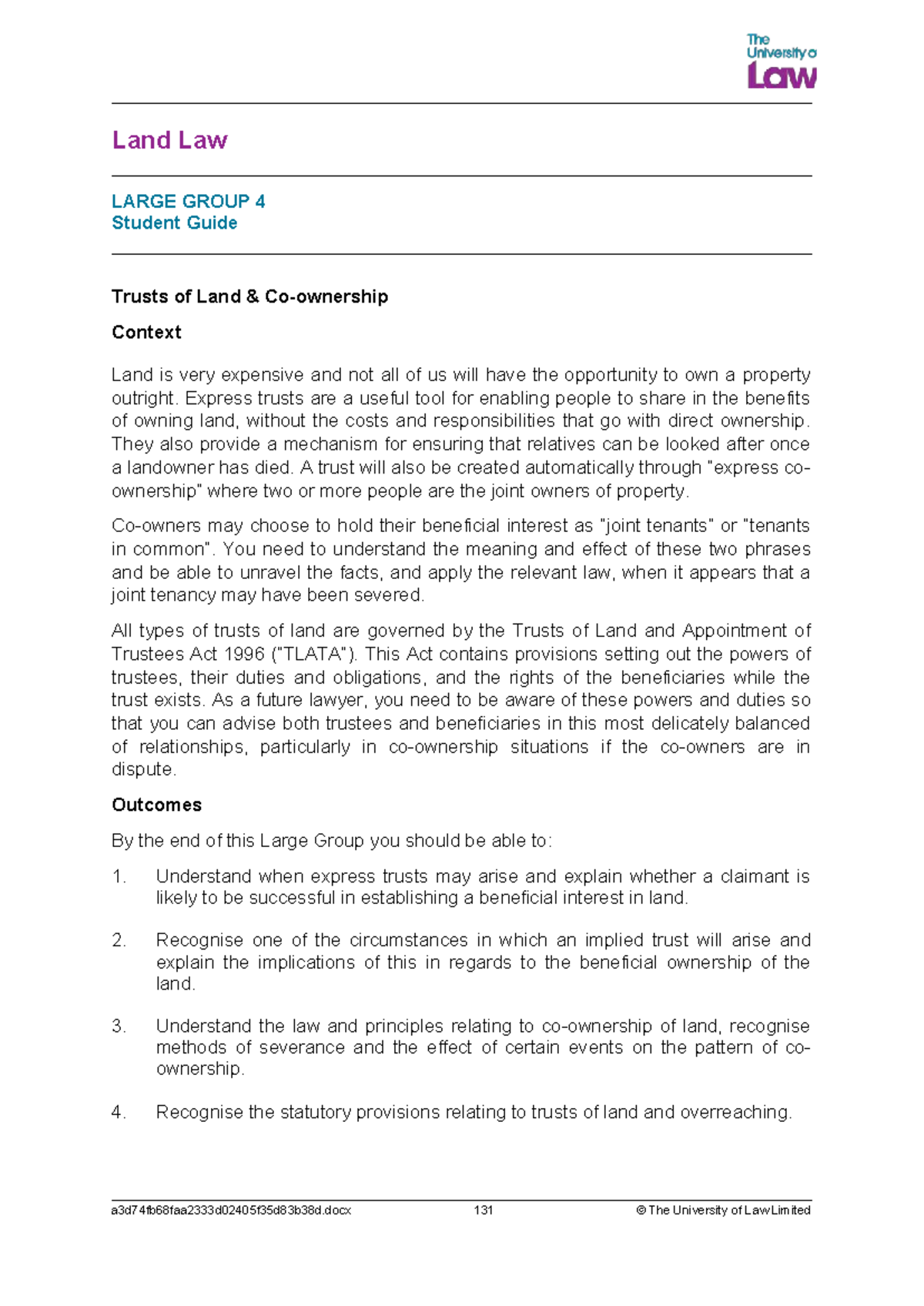 Trusts of Land: Student Guide for Land Law LG04 CE01 - Studocu