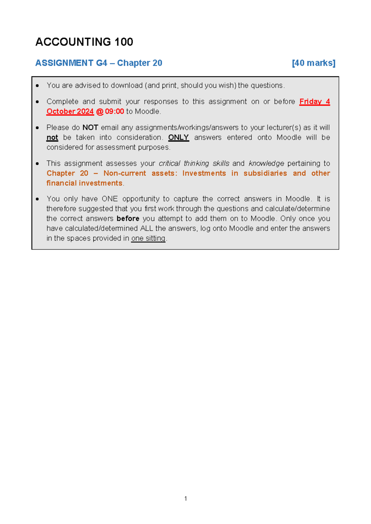 Assignment GE4 2024 Moodle - ACCOUNTING 100 ASSIGNMENT G4 – Chapter 20 ...