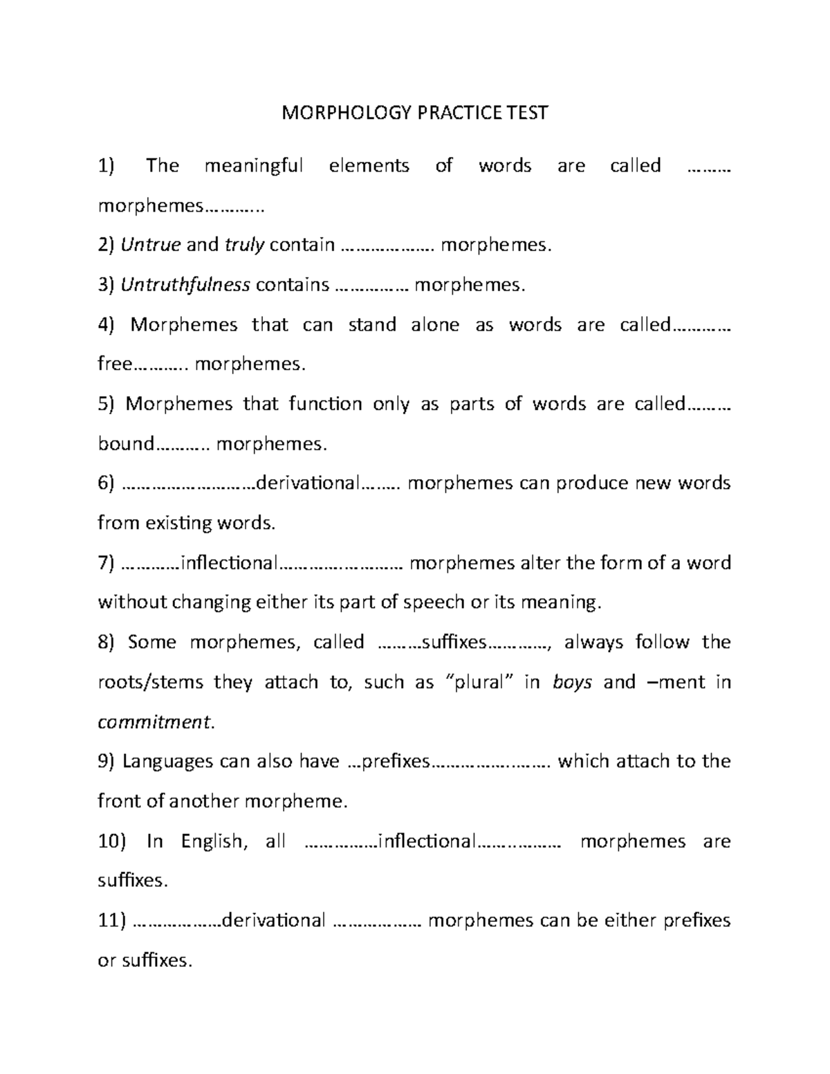 Morphology Practice Test: Comprehensive Overview and Questions - Studocu
