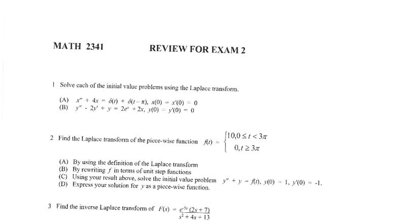 MATH 2341 Exam 2 Review with Solutions and Key Concepts - Studocu