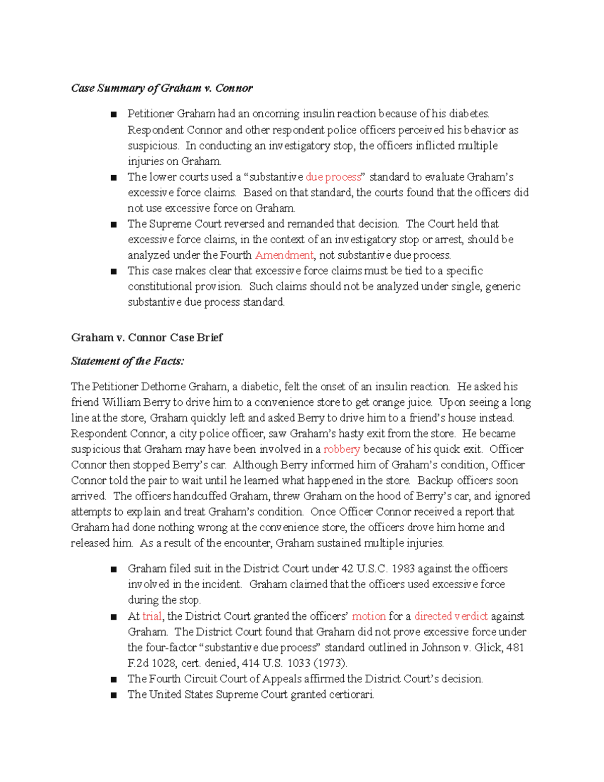 Case Summary: Graham v. Connor - Excessive Force Analysis - Studocu