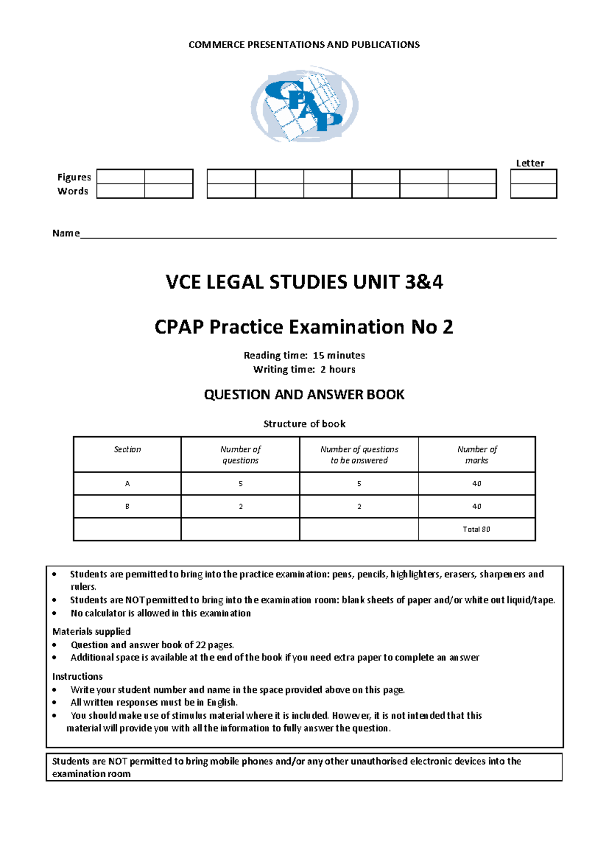 CPAP 2022 Legal Studies Unit Practice Exam - Set B Questions & Answers ...