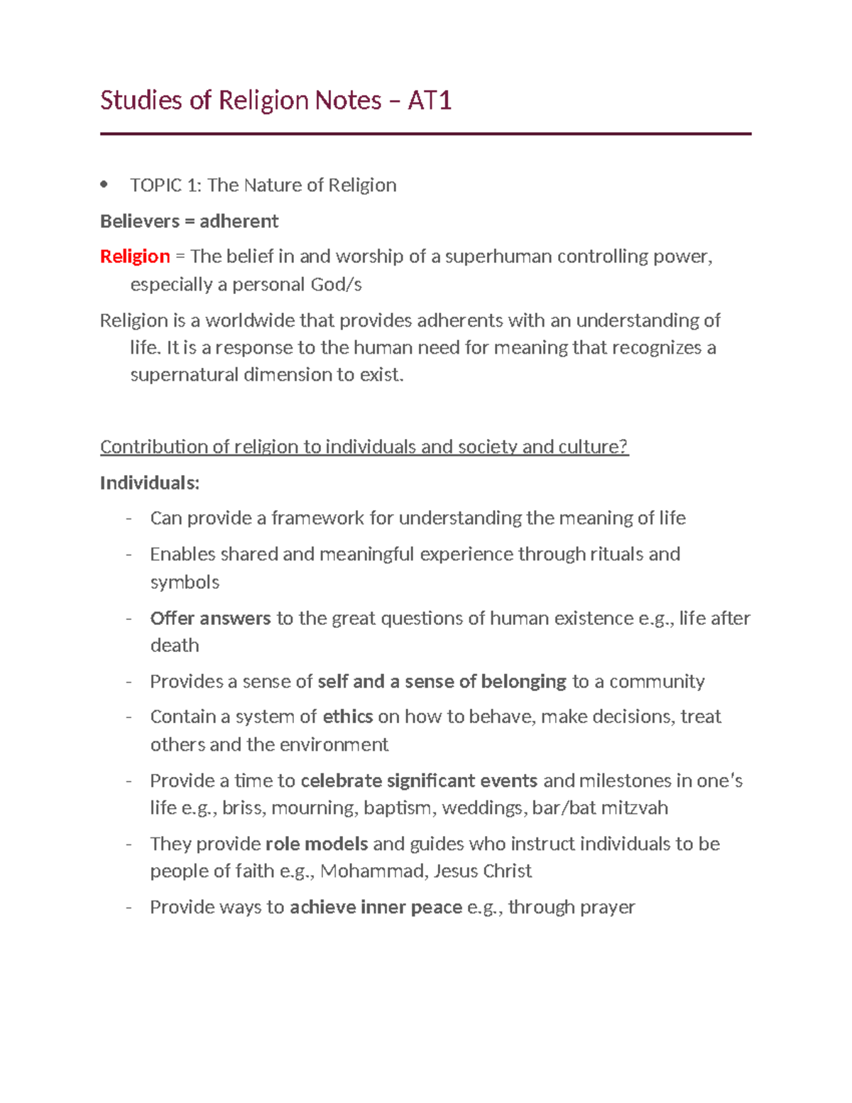 Studies of Religion Notes AT1: The Nature of Religion and Belief ...