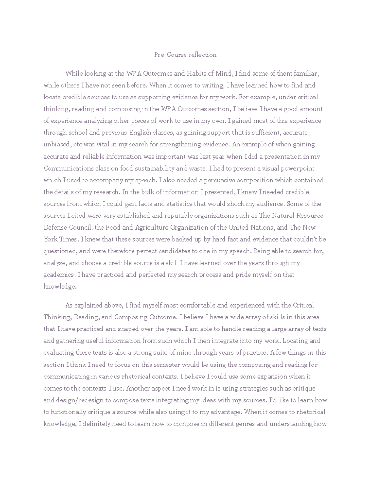 Pre-Course Reflection - Pre-Course reflection While looking at the WPA ...