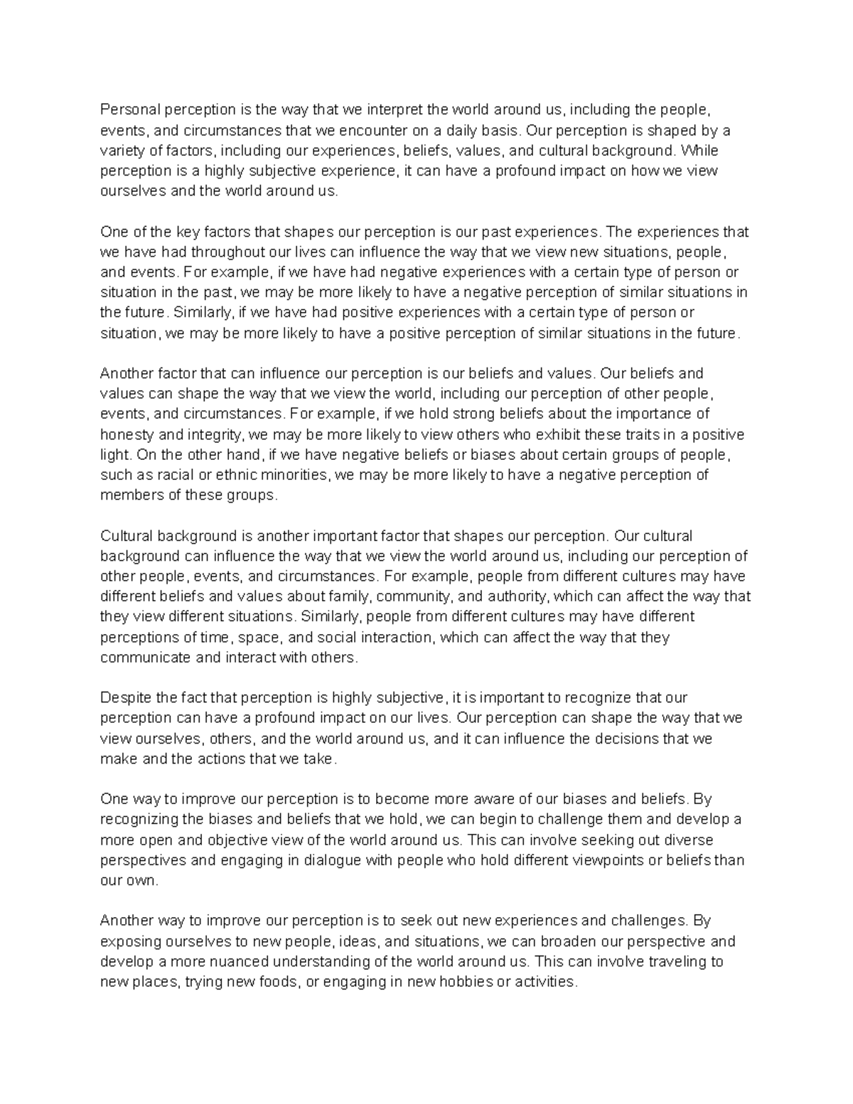 Personal Perception Essay - Understanding Our Subjective Views - Studocu