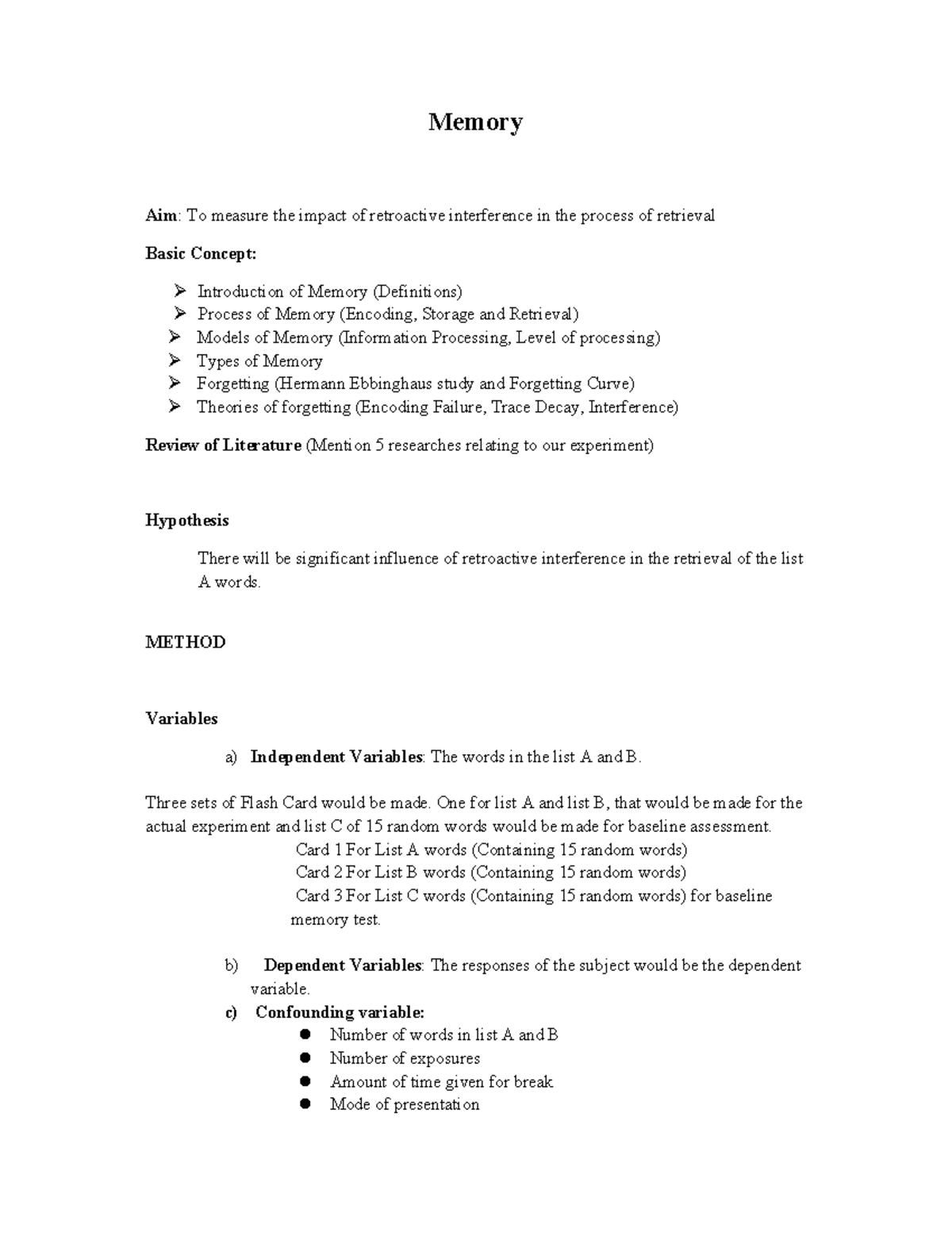 Memory Practical Outline: Retroactive Interference Experiment 2023 ...