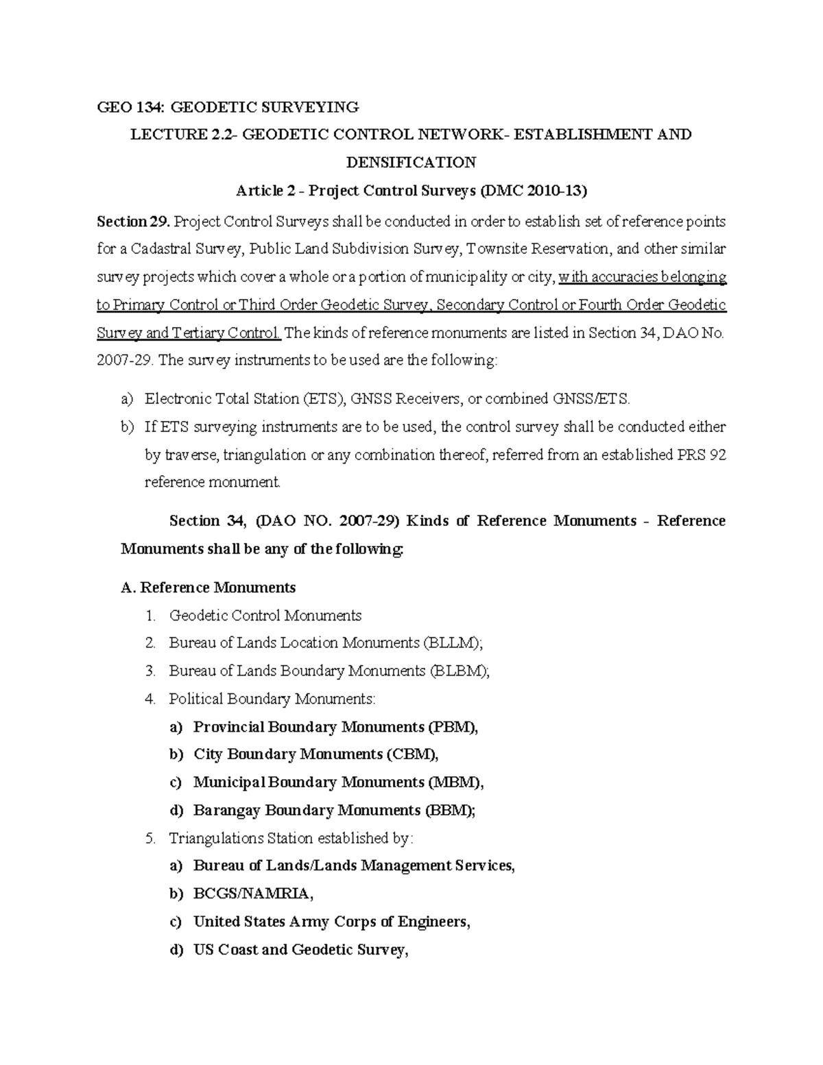 GEO 134: Lecture on Geodetic Control Establishment & Densification ...