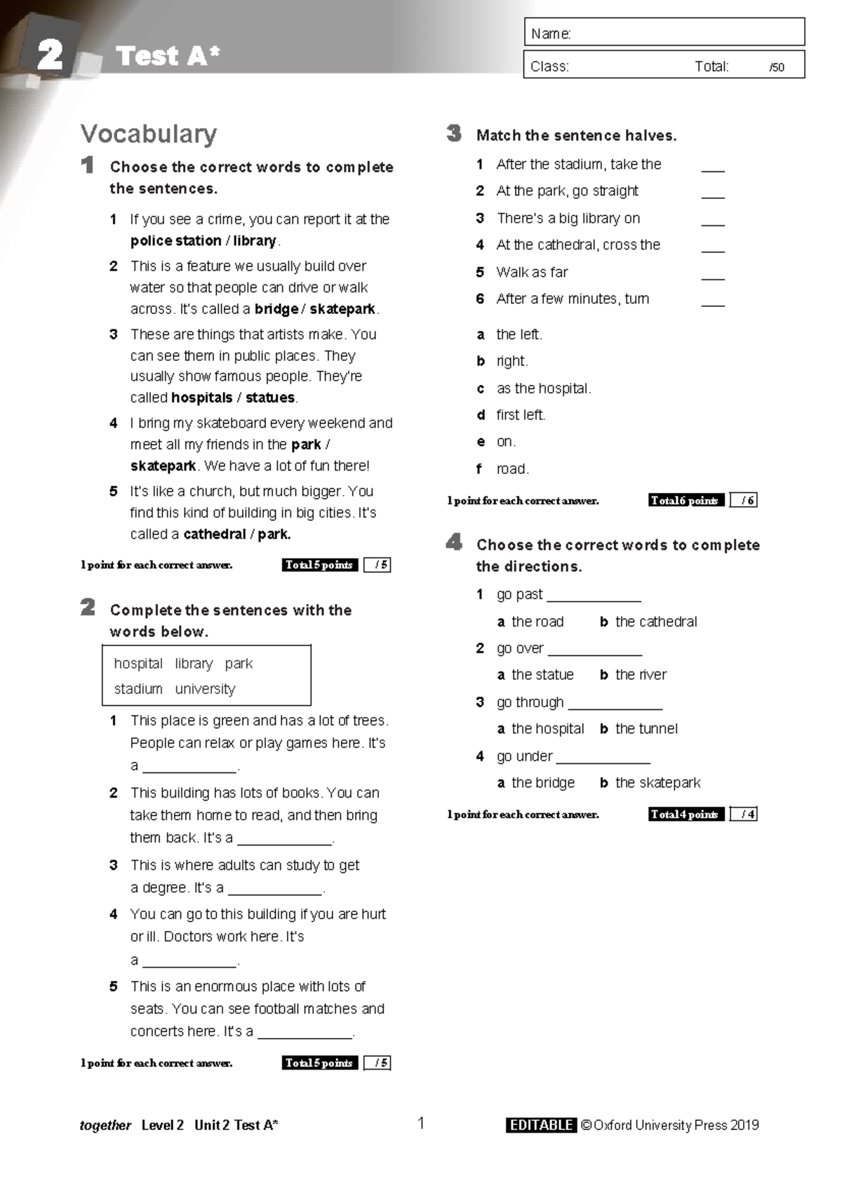 Together 2 Unit 2 Test: Vocabulary & Grammar Exercises - Studocu