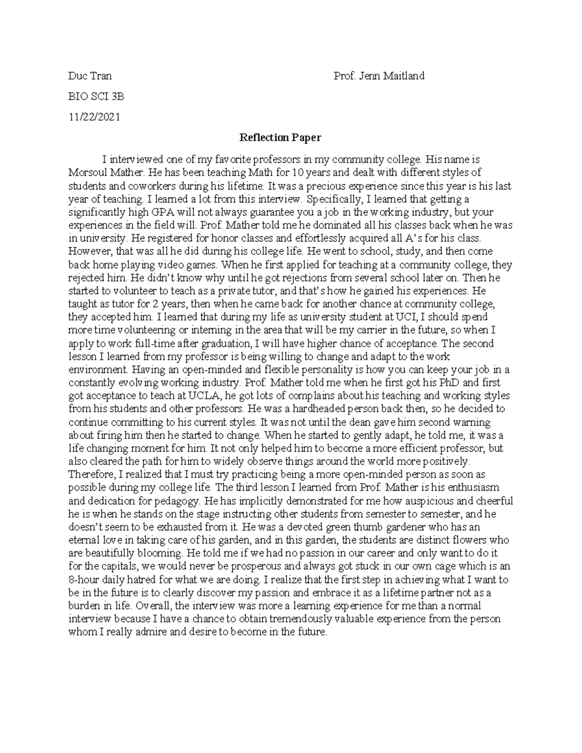 Biosci 3B reflection paper on lessons learned from a professor ...
