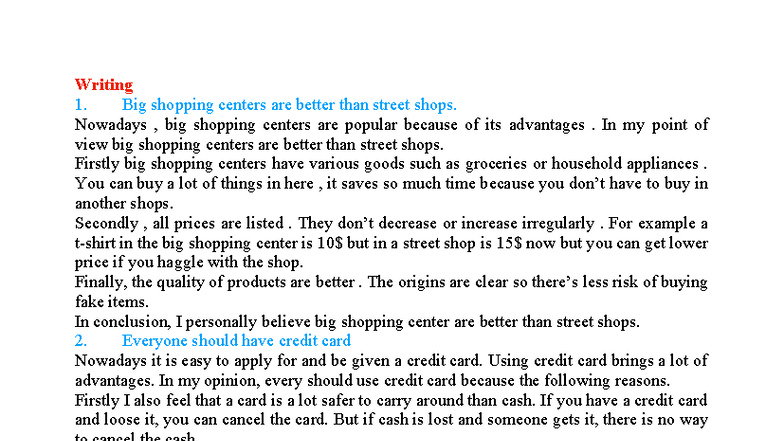 Topic Writing ANH 3: Advantages of Big Shopping Centers and Financial ...