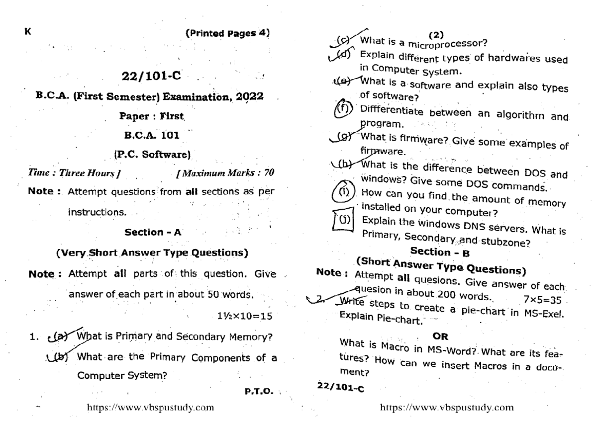 Bca 1 sem pc software PYQ - K (Printed Pages 4) (2) What is a ...