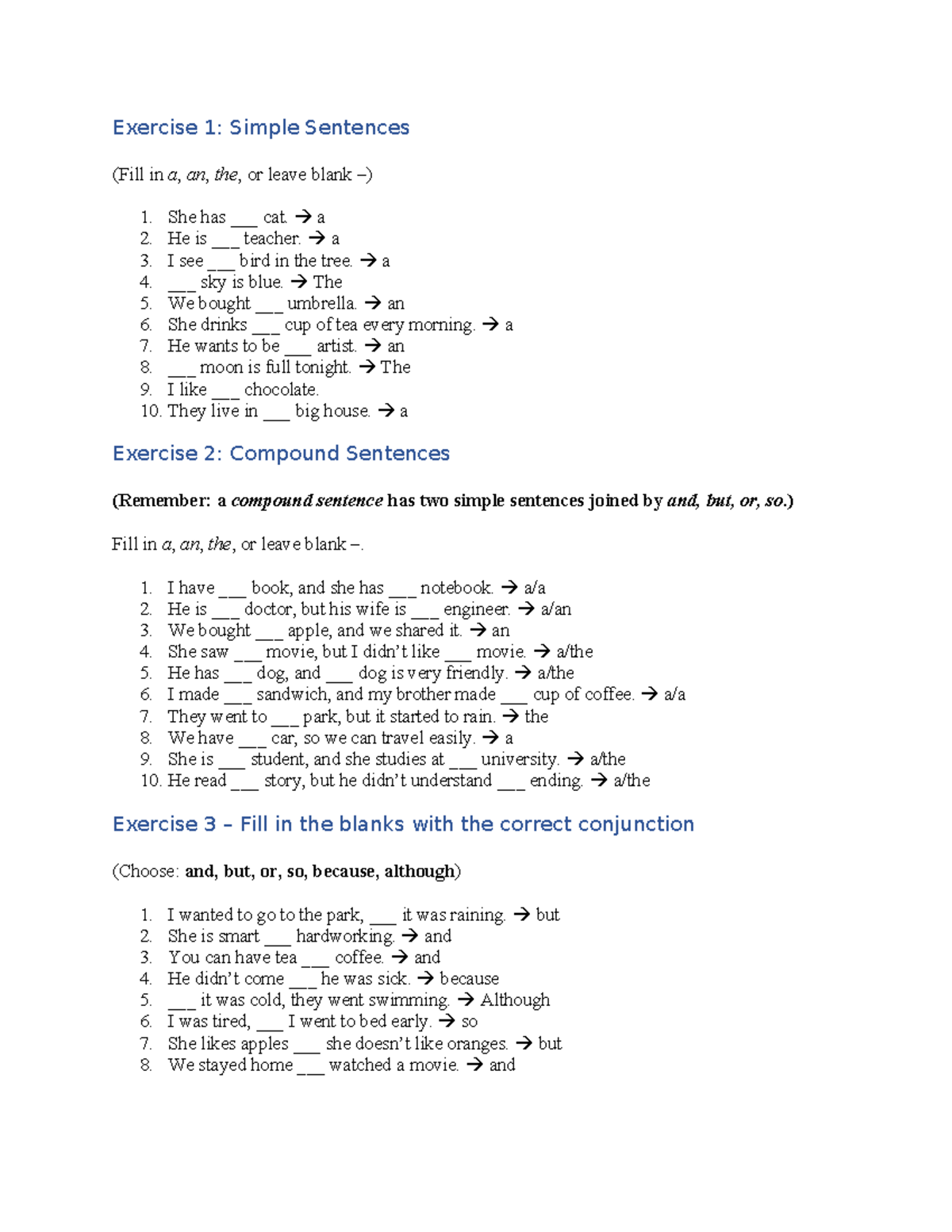 Exercise 2: Simple Sentences Practice (Fill in a, an, the) - Studocu