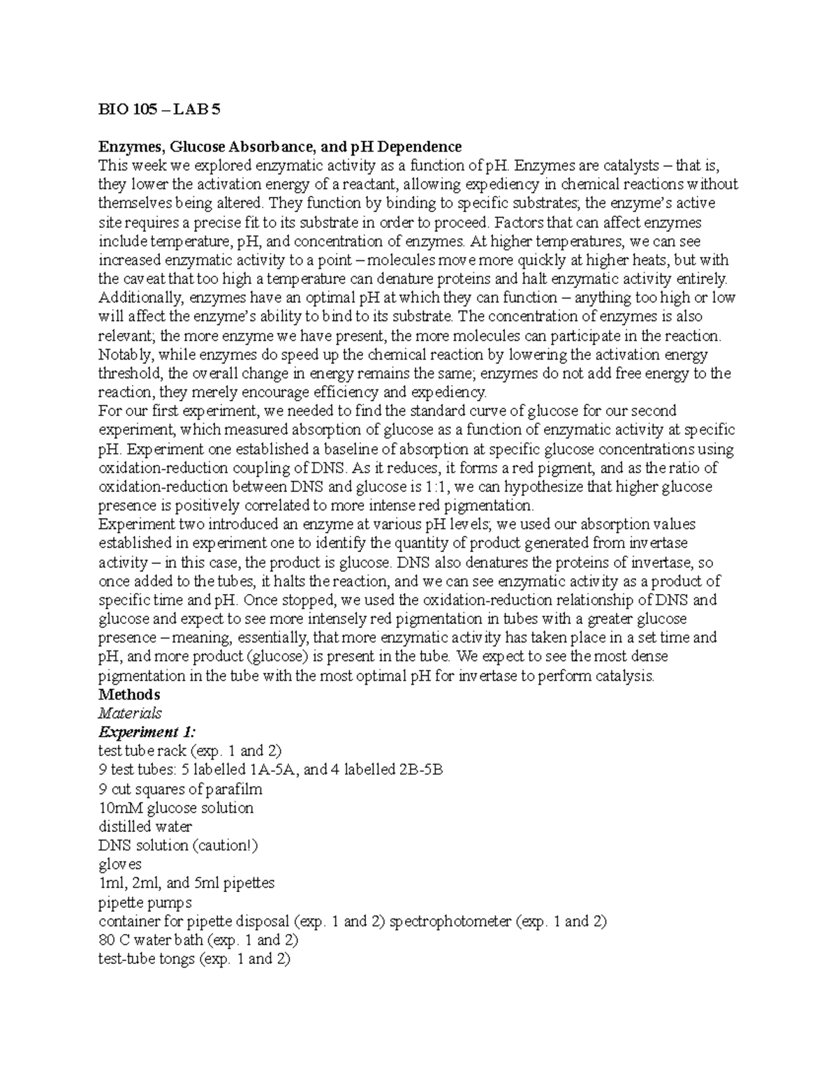 BIO 105 Lab 5: Enzymatic Activity and Glucose Absorbance Analysis - Studocu