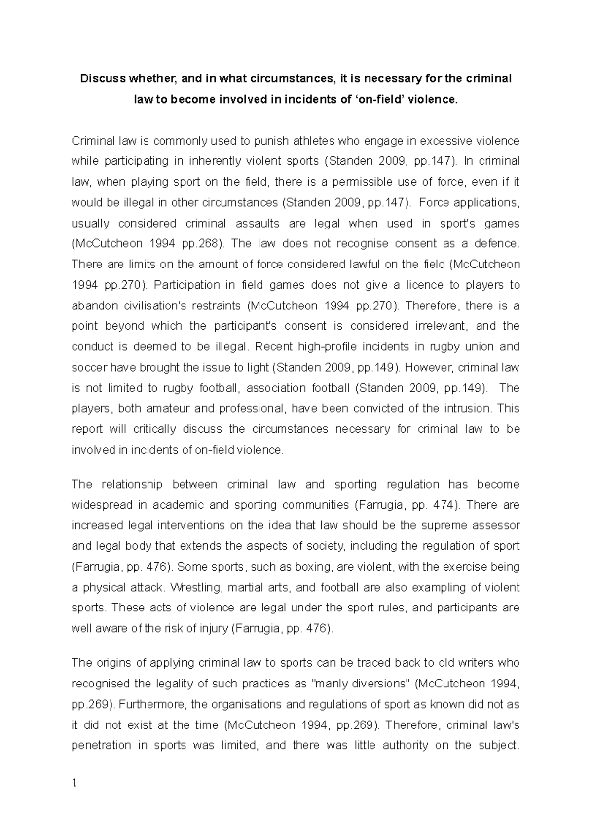 Sport Law Assignment 1: Criminal Law and On-Field Violence Analysis ...