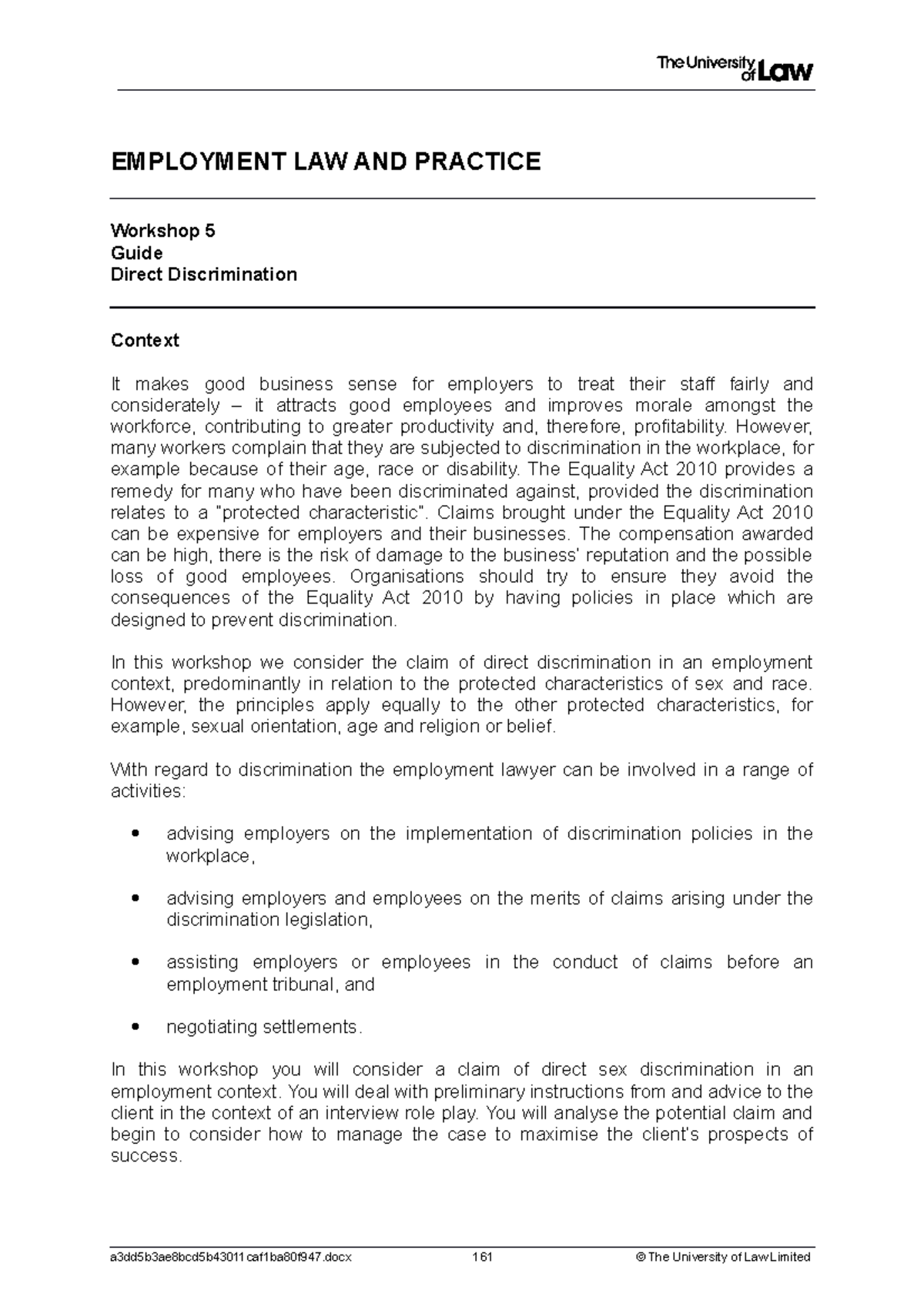 Employment Law Workshop 5: Direct Discrimination Analysis - Studocu