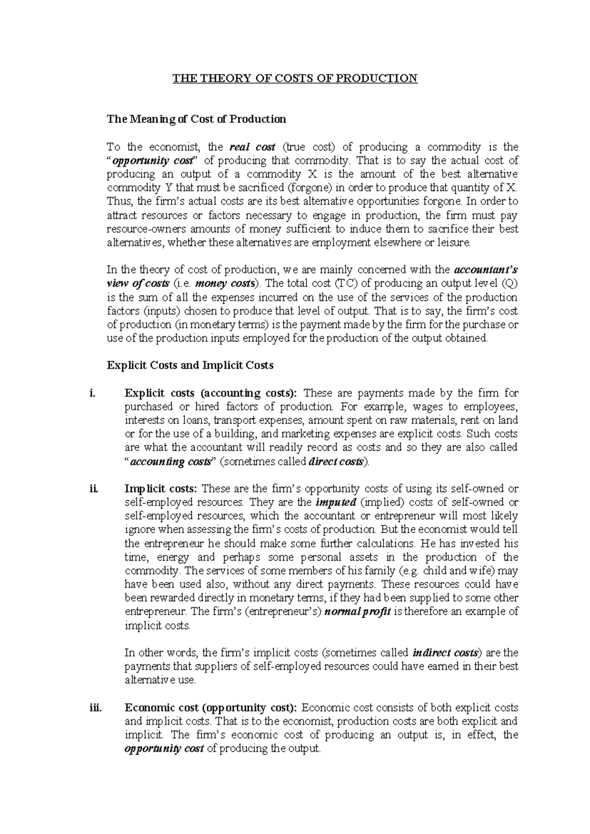 COST OF PRODUCTION: A Comprehensive Analysis of Economic Costs - Studocu