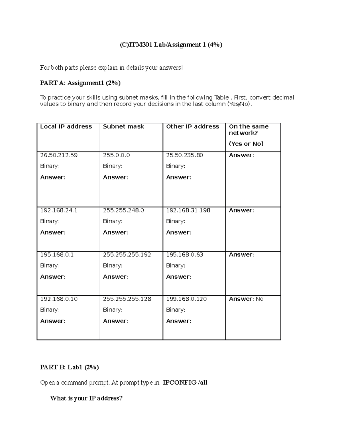 ITM301 Lab Assignment 1: Subnetting & Network Commands Guide - Studocu