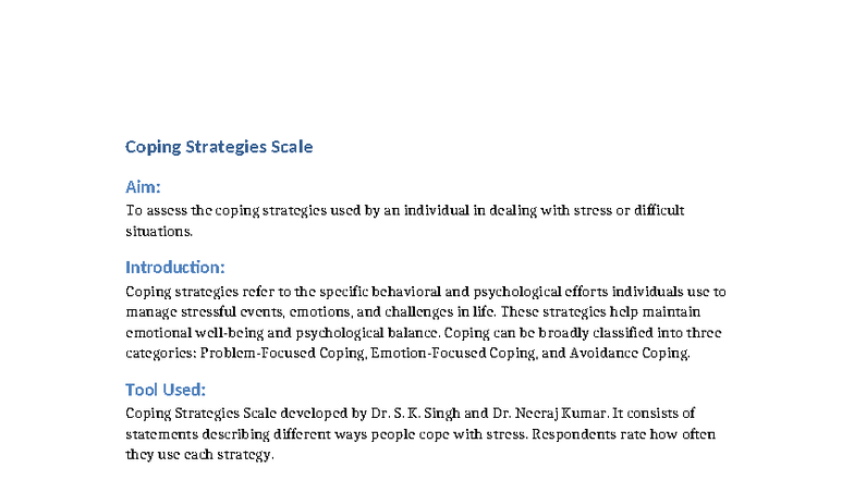 Coping Strategies Scale: Practical Assessment of Stress Management ...