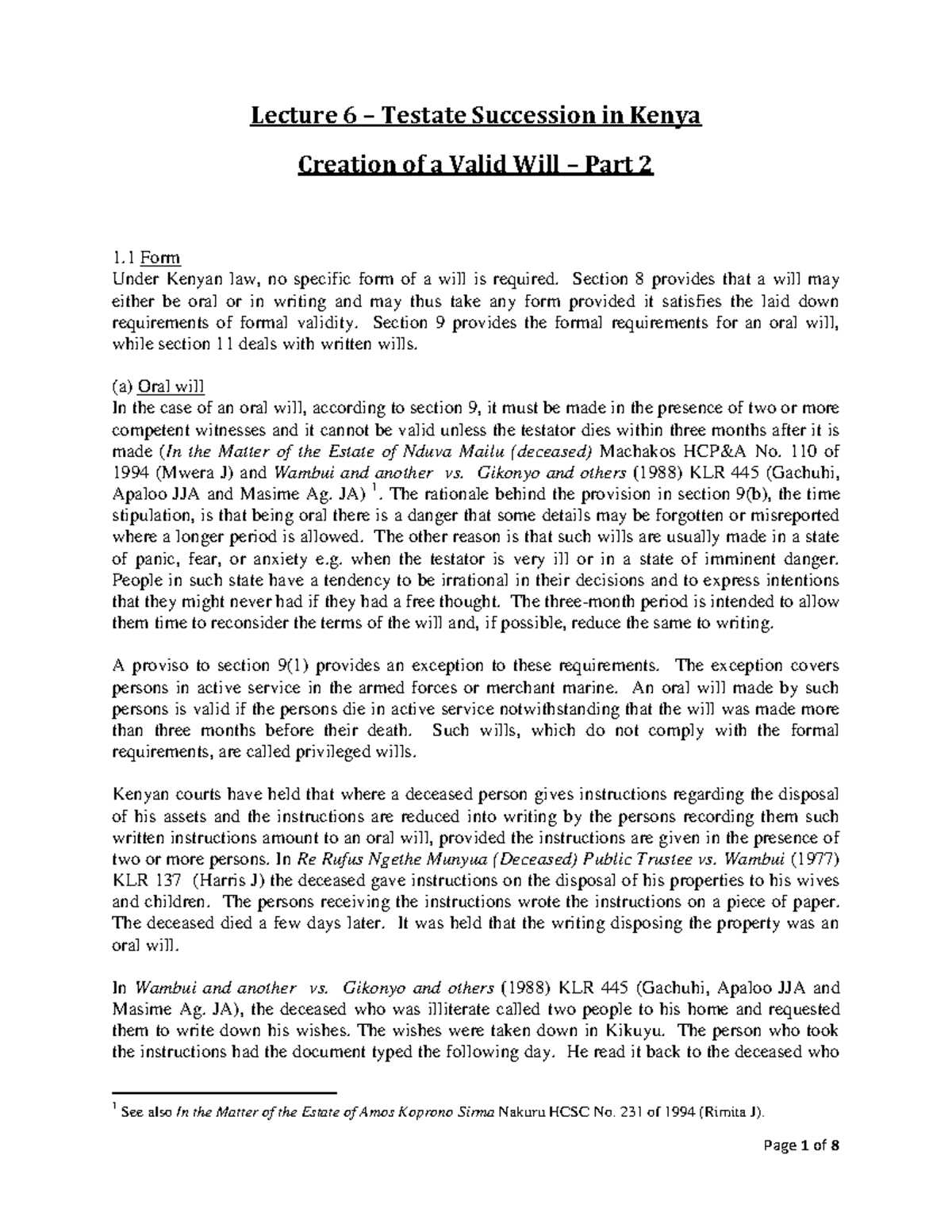 Lecture 6 - Testate Succession in Kenya: Validity of Wills Concepts ...