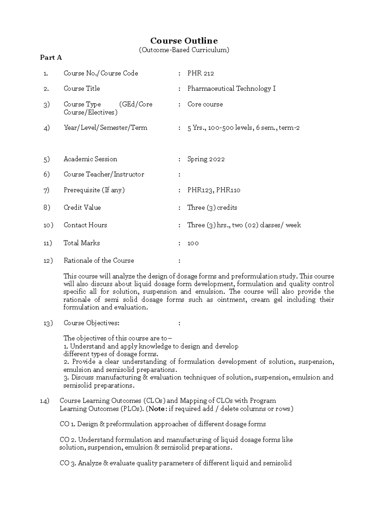 PHR 212 Course Outline: Pharmaceutical Technology I (Spring 2022) - Studocu