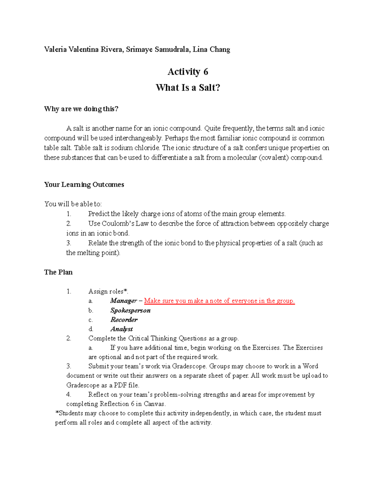 Activity 6 - What is a Salt - Valeria Valentina Rivera, Srimaye ...