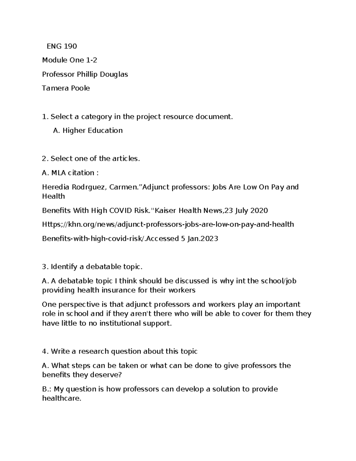 ENG 190 Module One: Addressing Health Insurance for Professors - Studocu