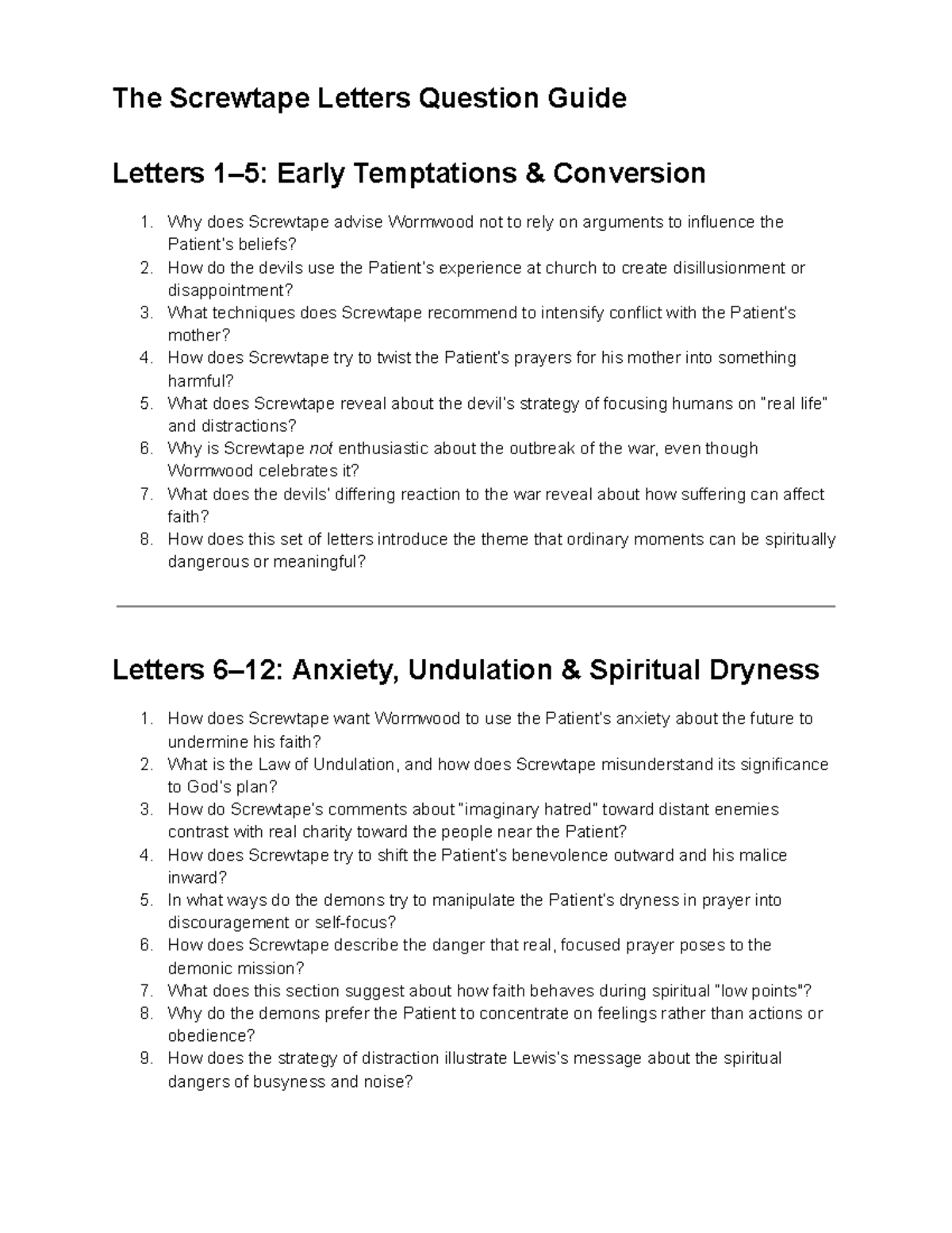 The Screwtape Letters Study Guide: Key Themes &amp; Questions - Studocu