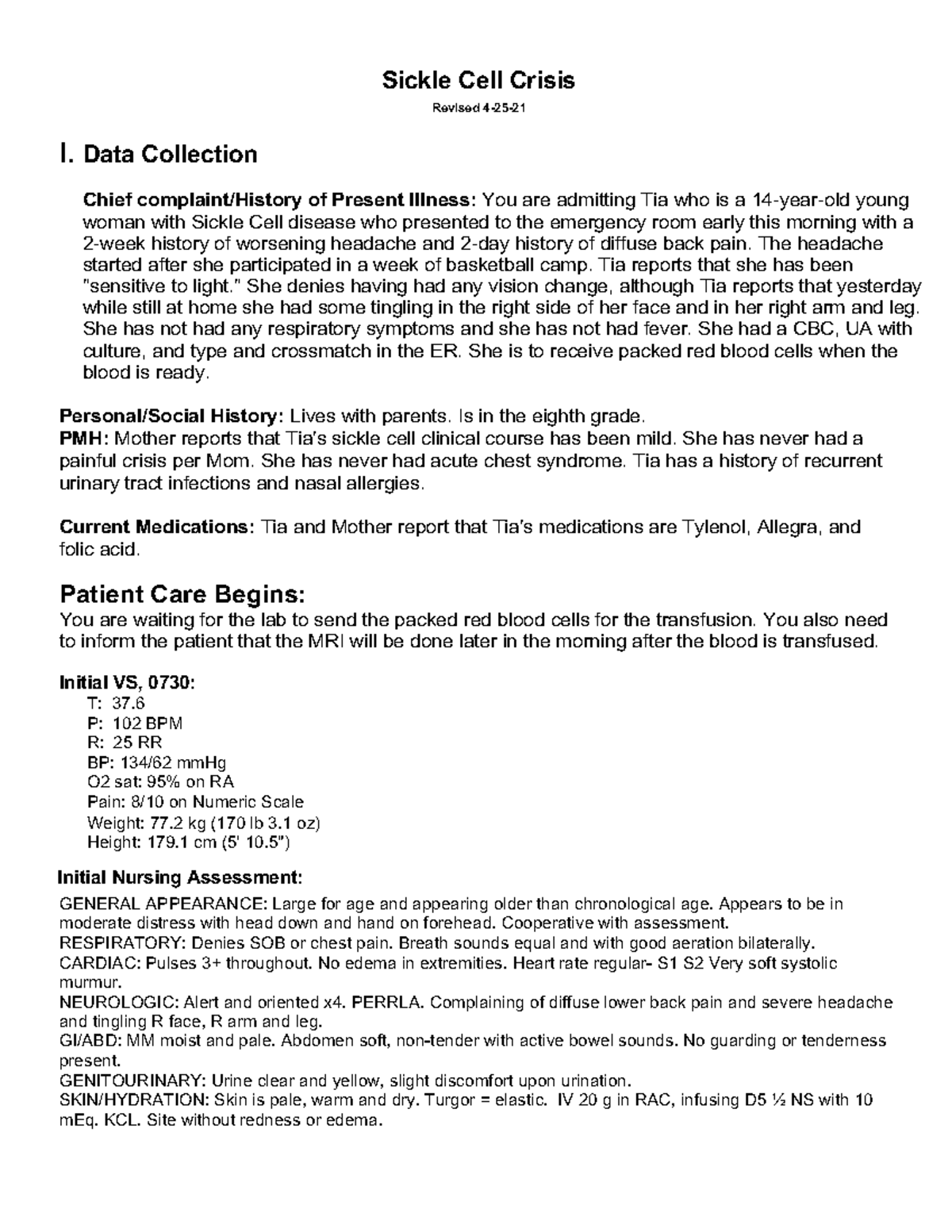 Case Study: Sickle Cell Crisis Management and Patient Evaluation - Studocu