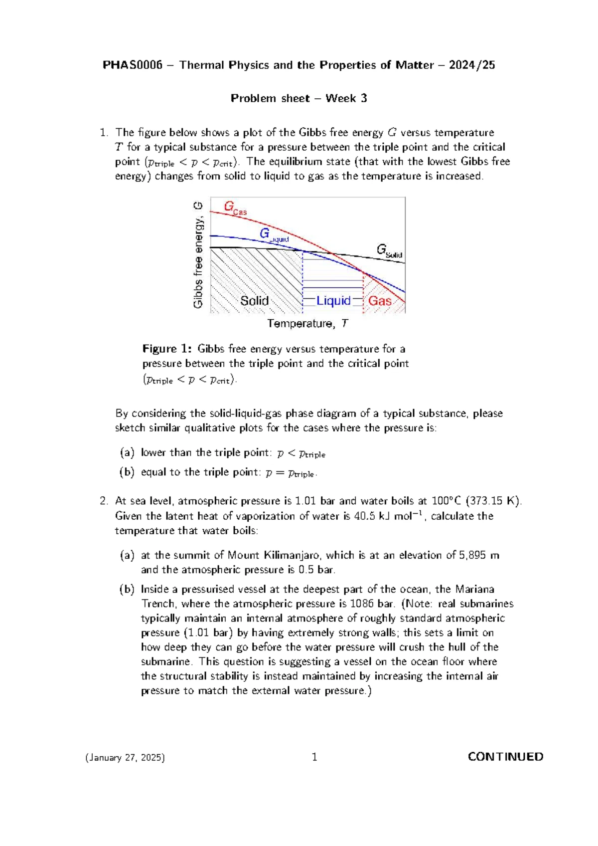 PHAS0006 2025 Problem Sheet Week 2: Thermal Physics & Matter - Studocu