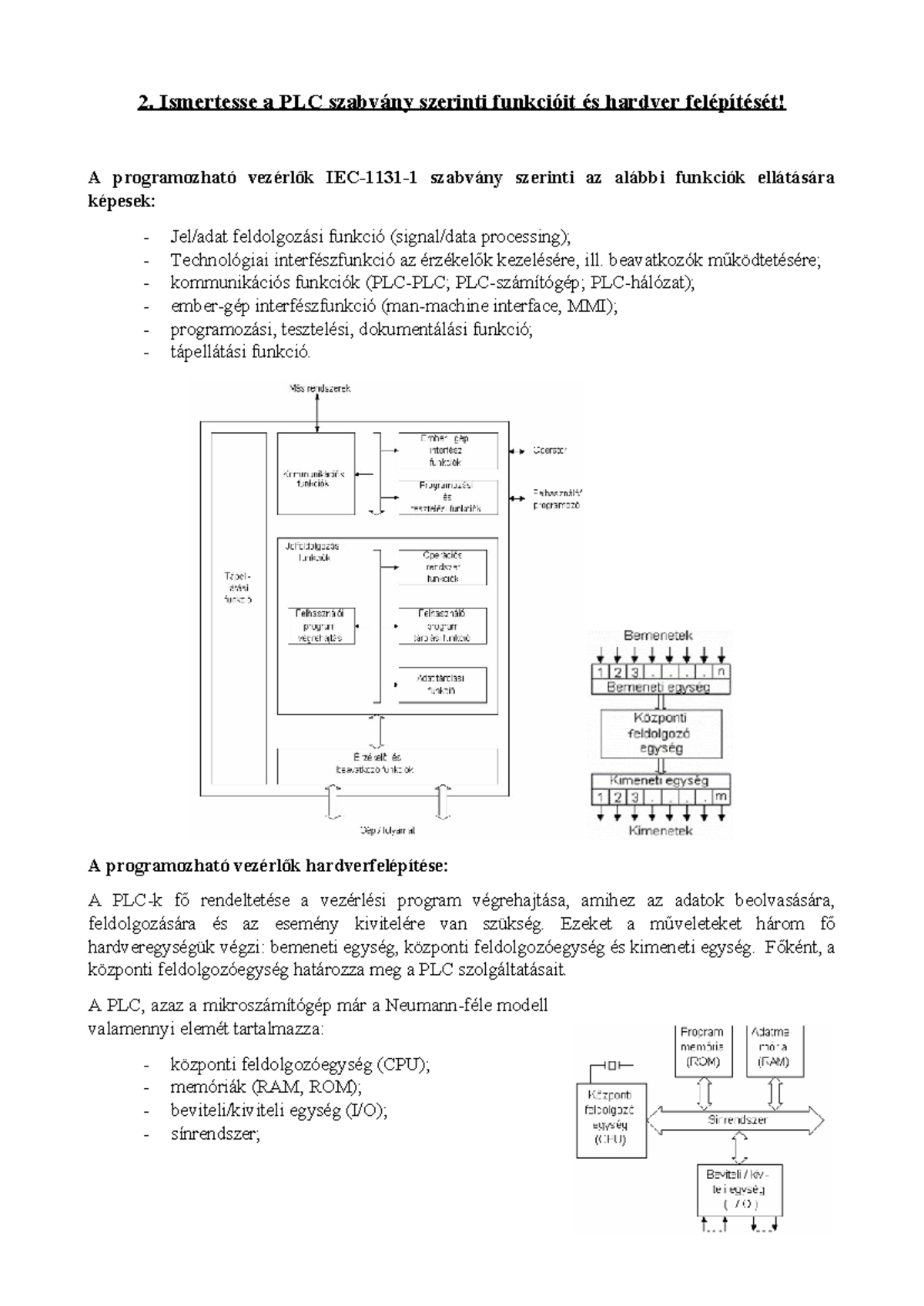 PLC Szabvány Szerinti Funkciók és Hardver Felépítése Ismertetése - Studocu