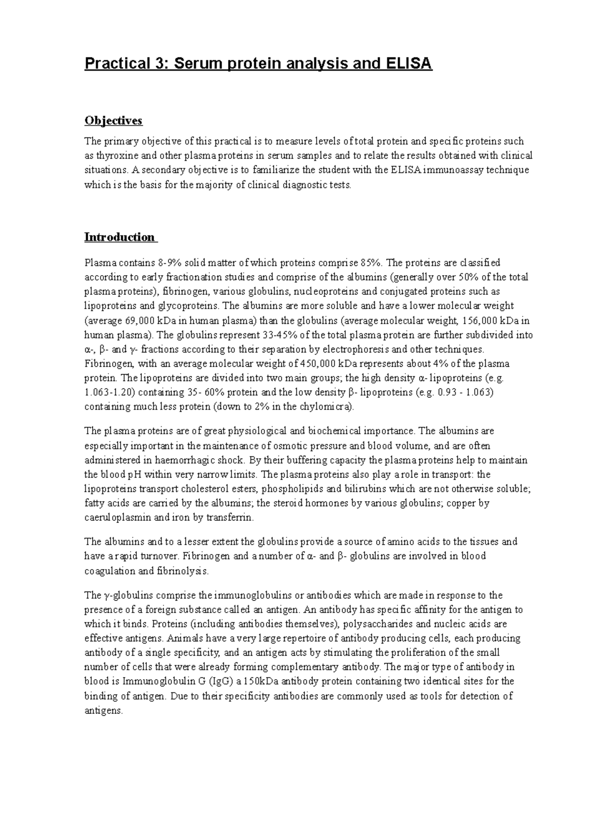 Biomolecular Lab Skills: Practical 3 - Serum Protein Analysis & ELISA ...