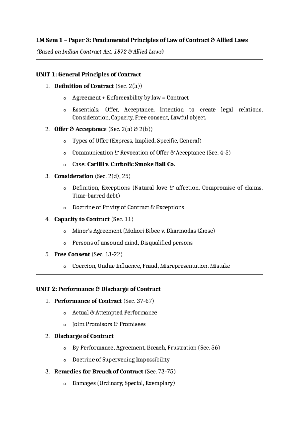 LM Sem 1 Paper 3: Short Notes on Fundamental Principles of Contract Law ...