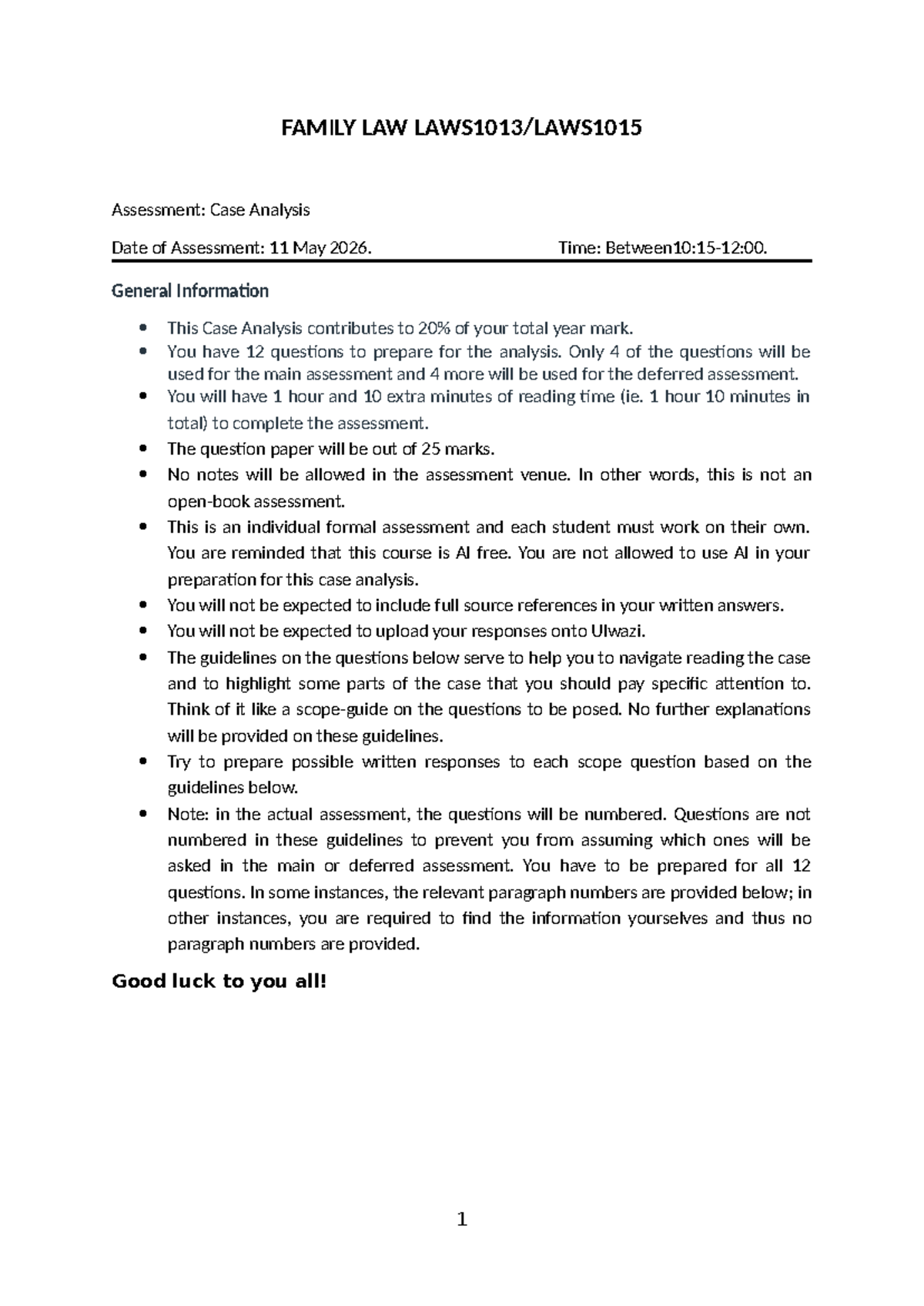 FAMILY LAW 2026: Case Analysis Guidelines for Assessment - Studocu