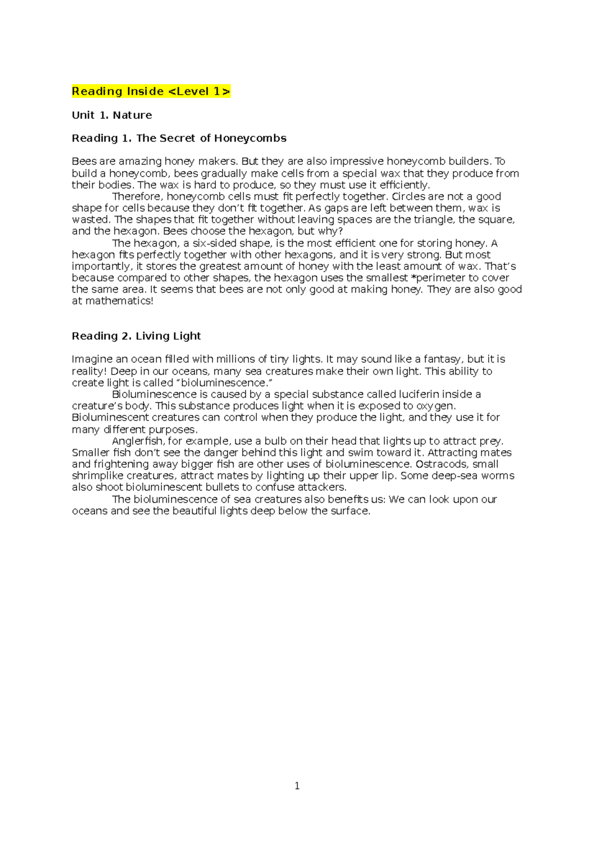 Dd - it is a reading - Reading Inside Unit 1. Nature Reading 1. The ...
