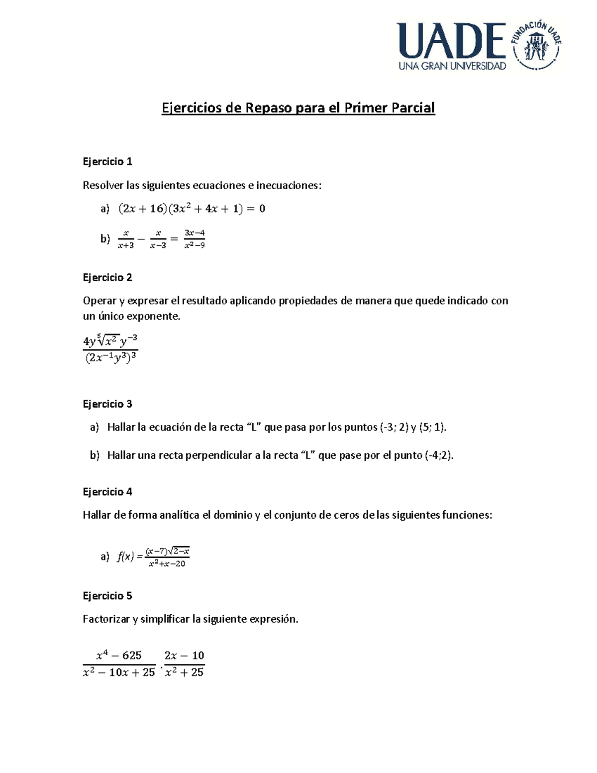 Repaso de Ejercicios para el Primer Parcial - Matemáticas - Studocu