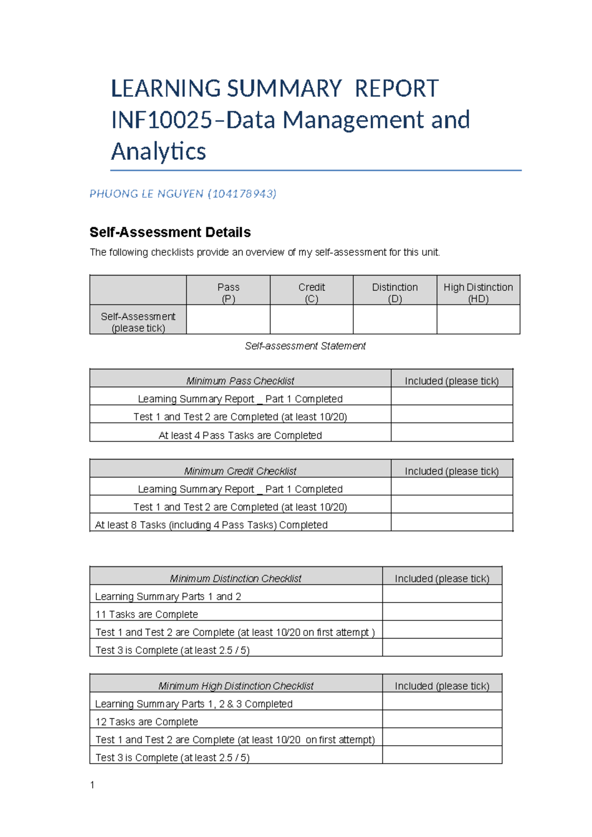 INF 10025 Learning Summary Report by Phuong Le Nguyen (104178943) - Studocu