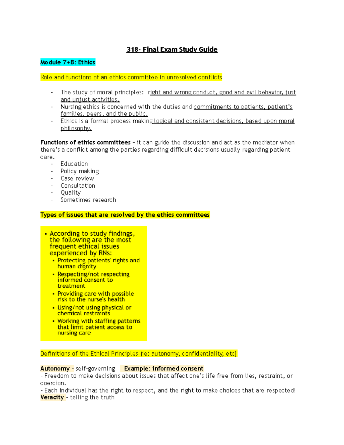 Final Exam Study Guide: Ethics & Advocacy in Nursing (NUR 318) - Studocu