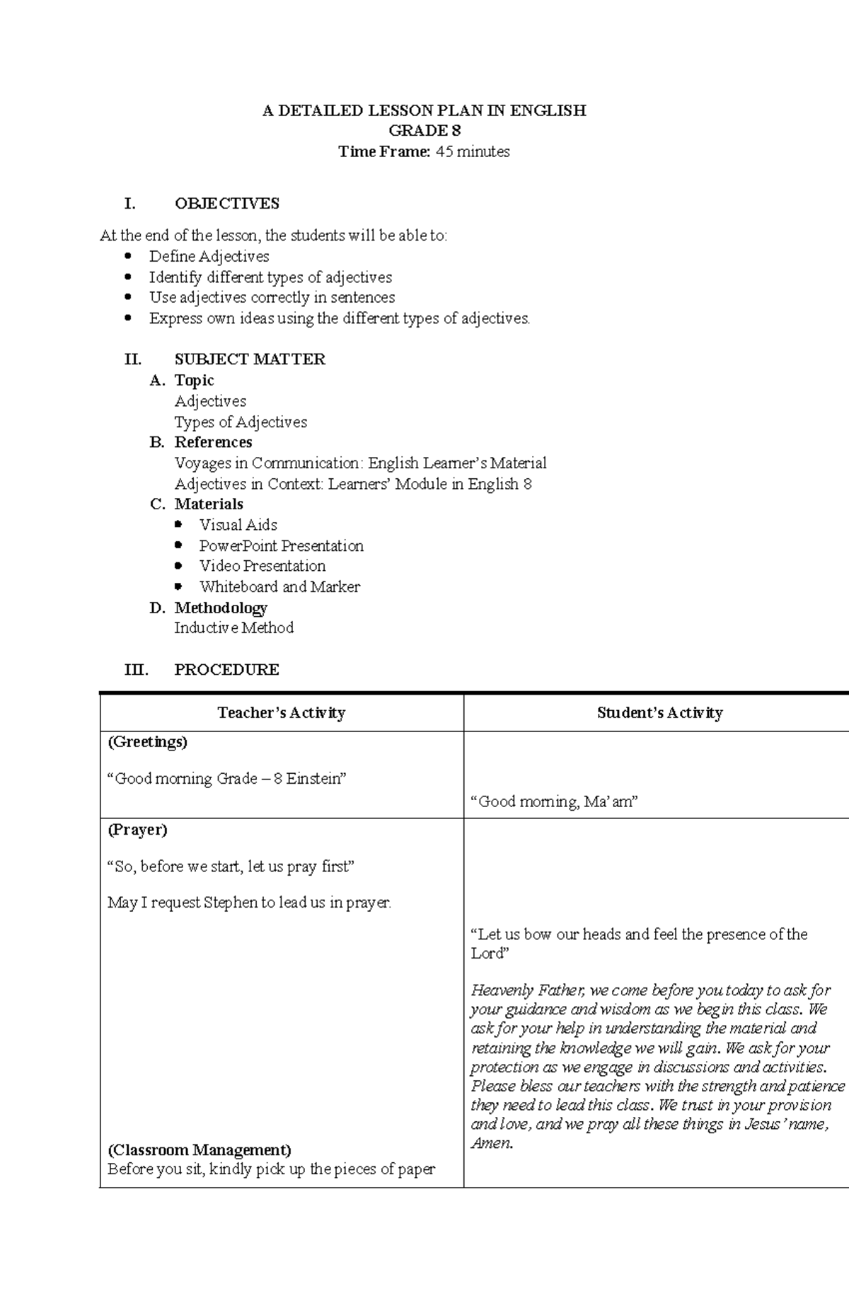 Lesson Plan: Adjectives for Grade 8 (ENG 8) - Studocu