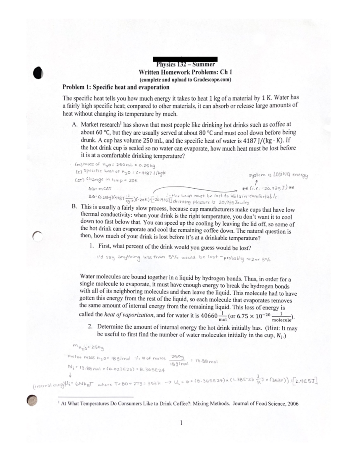 Physics 132 Chapter 2 Written Homework: Specific Heat & Evaporation ...