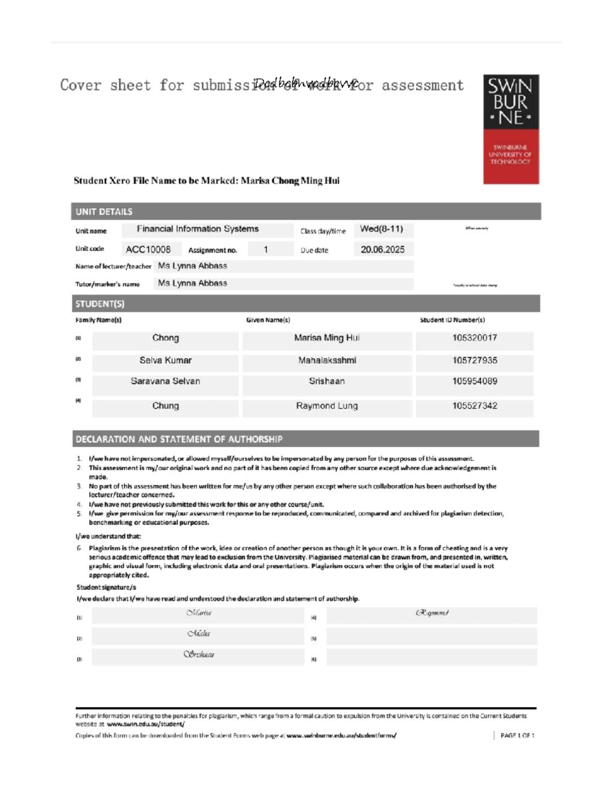 Financial Information Systems Assignment 1 Cover Sheet - SWI N BUR 2025 ...