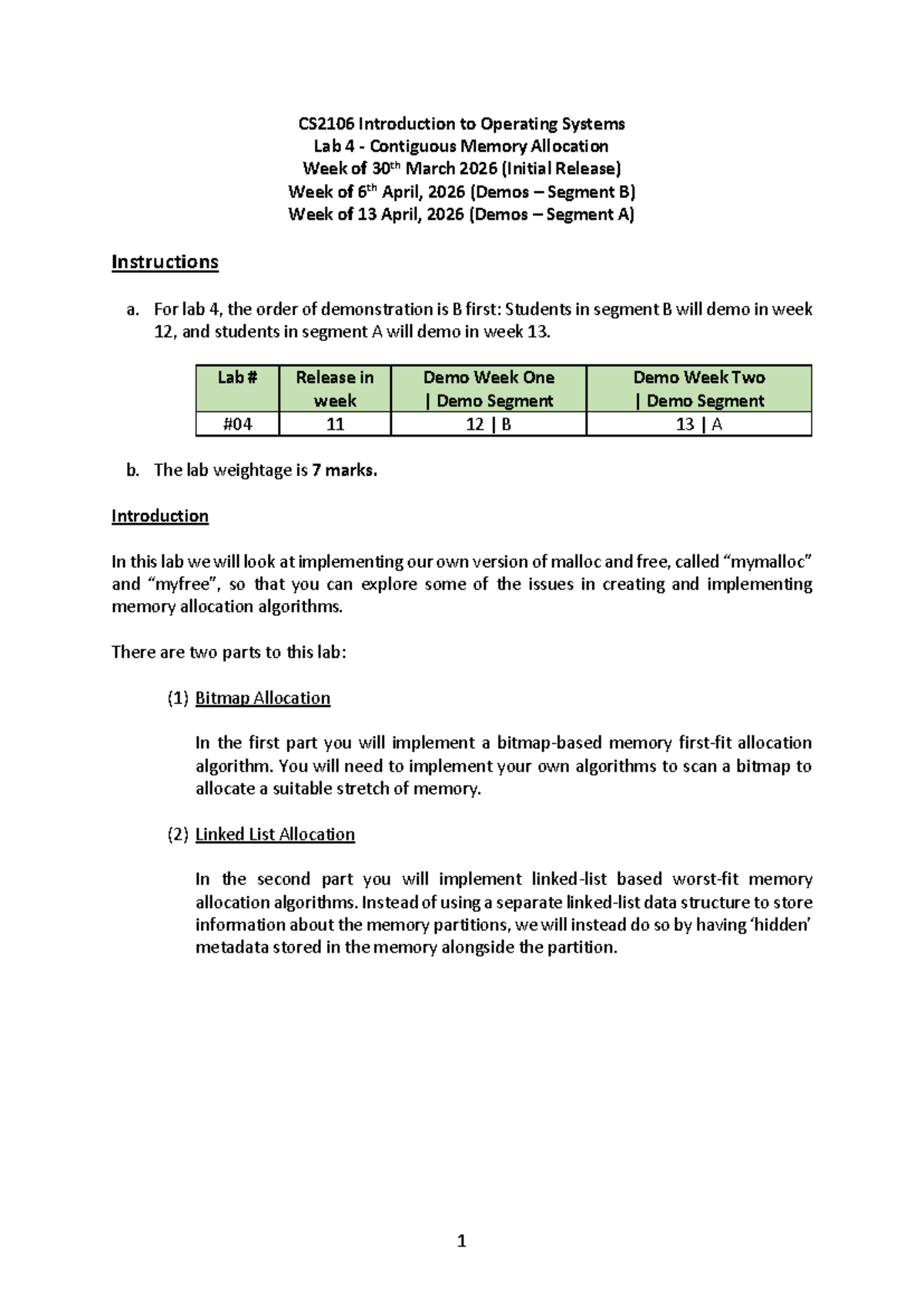 CS2106 Lab 4: Contiguous Memory Allocation Instructions and Demos - Studocu