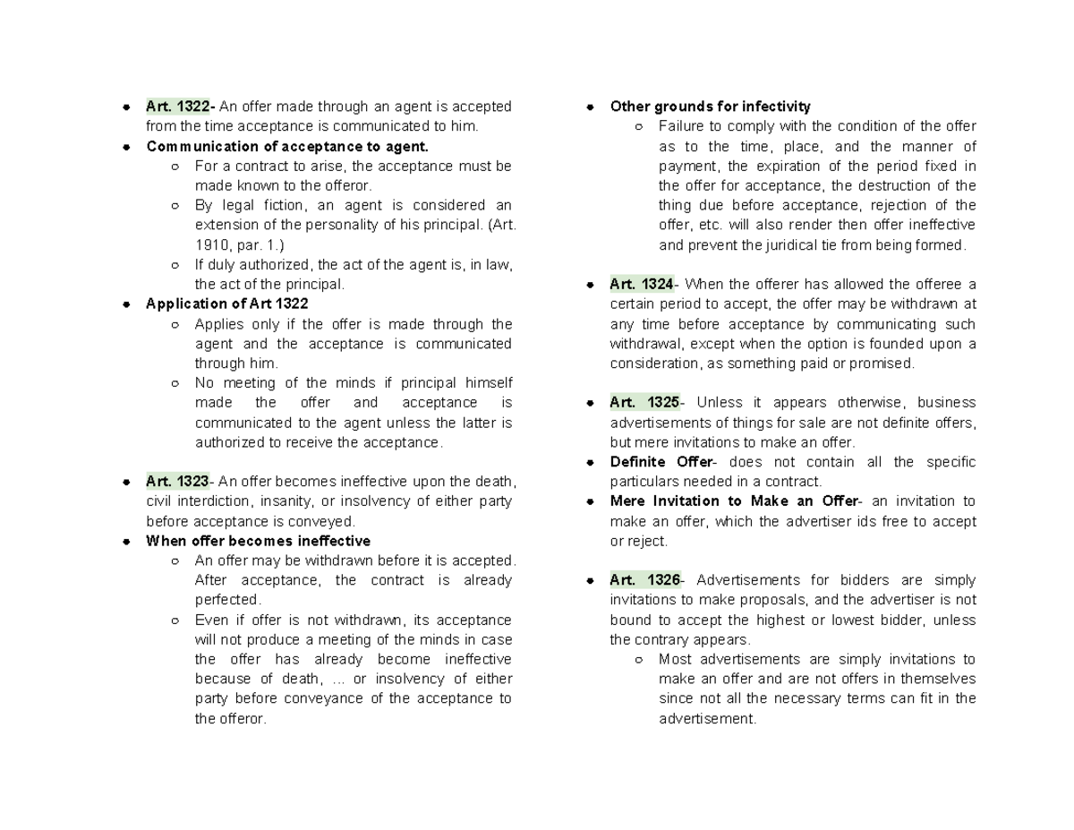 LAW ON Obligations Articles 1322-1338 Summary Notes - Studocu