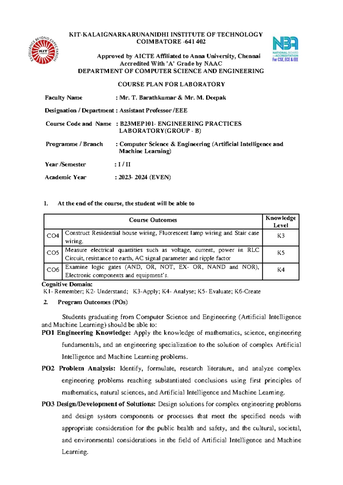 B23MEP101 Engineering Practices Laboratory Course Plan for CSE AI & ML ...