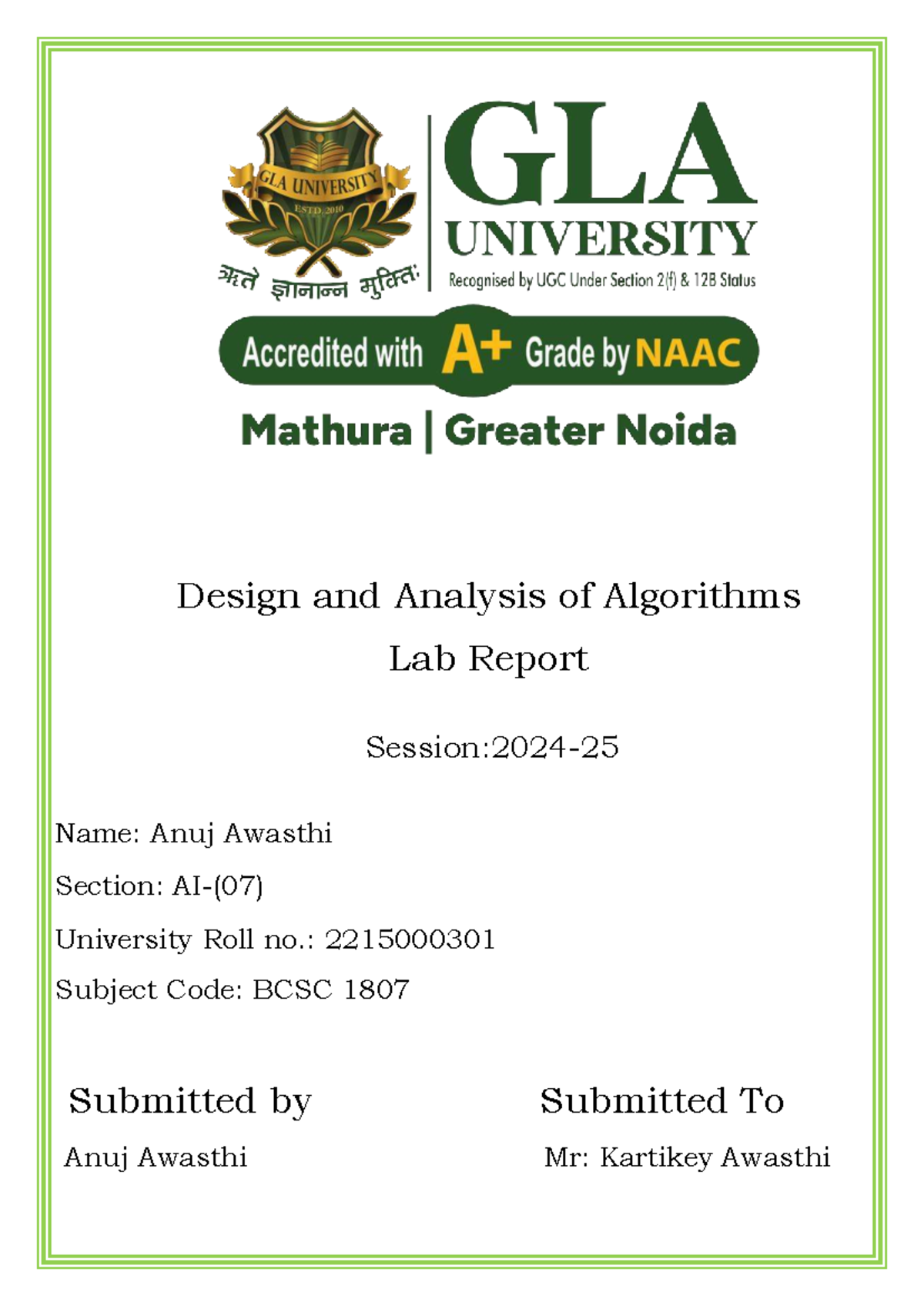 DAA Lab Report - BCSC 1807 Design and Analysis of Algorithms - Studocu