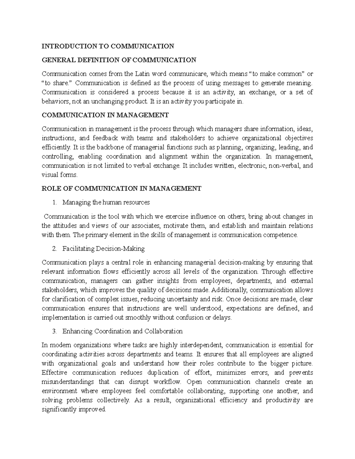 COMM 101: Introduction to Communication & Its Role in Management - Studocu